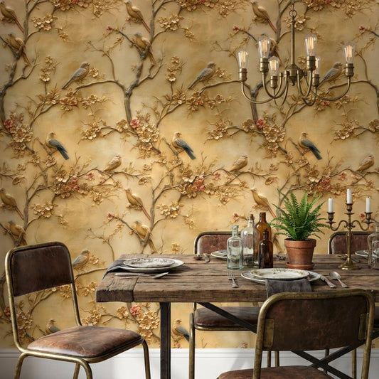 Birds Wallpaper Flowers Gold Wall Mural