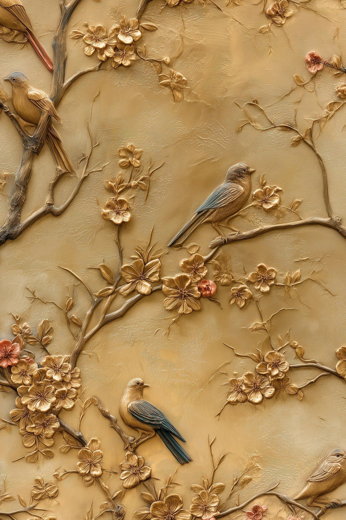 Birds Wallpaper Flowers Gold Wall Mural
