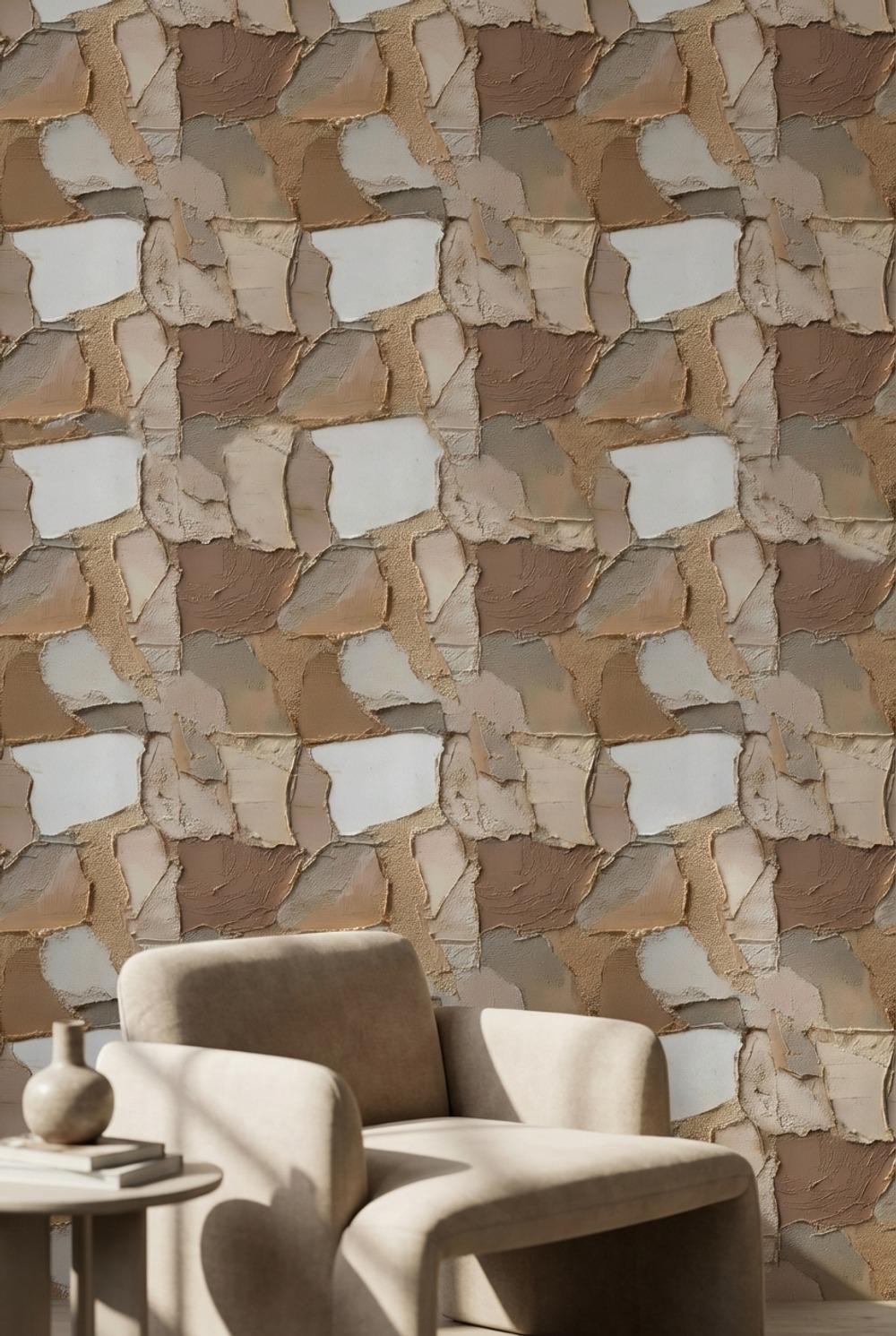Modern Abstract Layered Wall Mural - Beige, Brown, and Cream Natural Peel and Stick Wallpaper