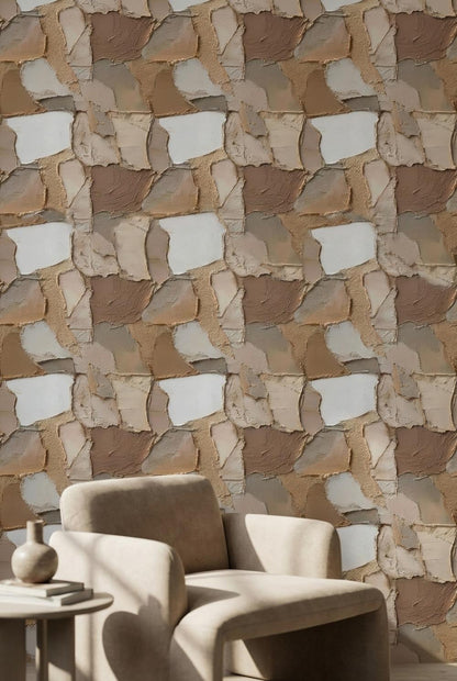 Modern Abstract Layered Wall Mural - Beige, Brown, and Cream Natural Peel and Stick Wallpaper