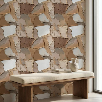 Modern Abstract Layered Wall Mural - Beige, Brown, and Cream Natural Peel and Stick Wallpaper