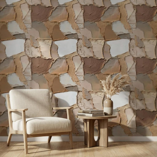 Modern Abstract Layered Wall Mural - Beige, Brown, and Cream Natural Peel and Stick Wallpaper