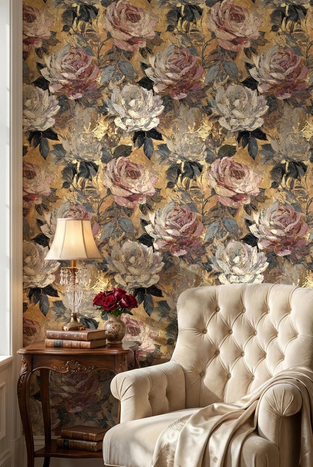 Gold Floral Wallpaper Vintage Glam Wall Mural