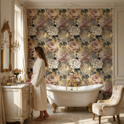 Gold Floral Wallpaper Vintage Glam Wall Mural