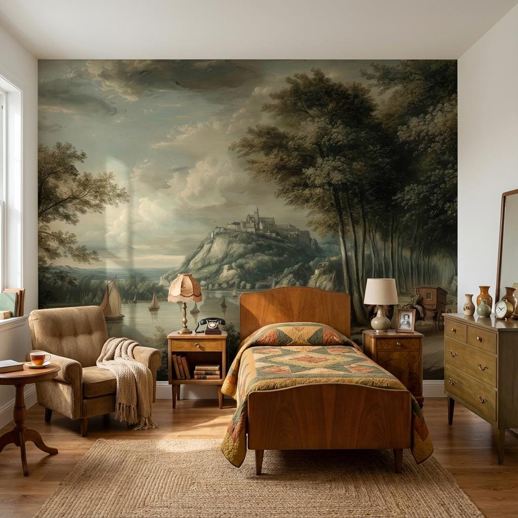 Landscape Wallpaper Castle Sailboats Wall Mural