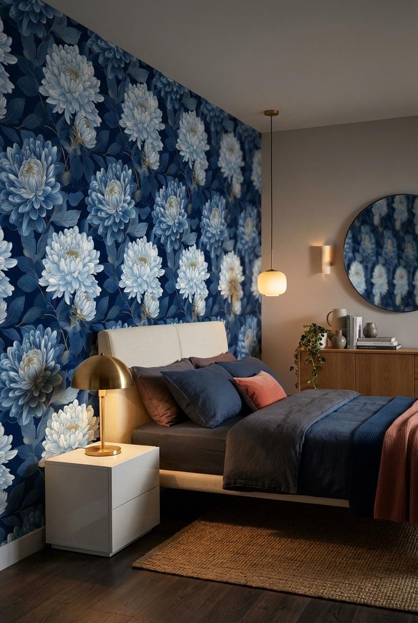 Floral Wallpaper Blue Modern Wall Mural