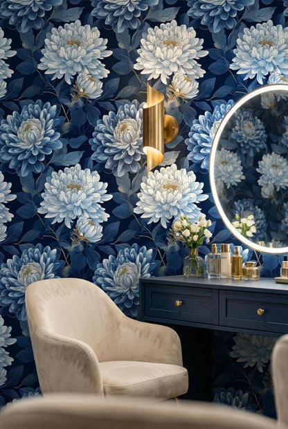 Floral Wallpaper Blue Modern Wall Mural