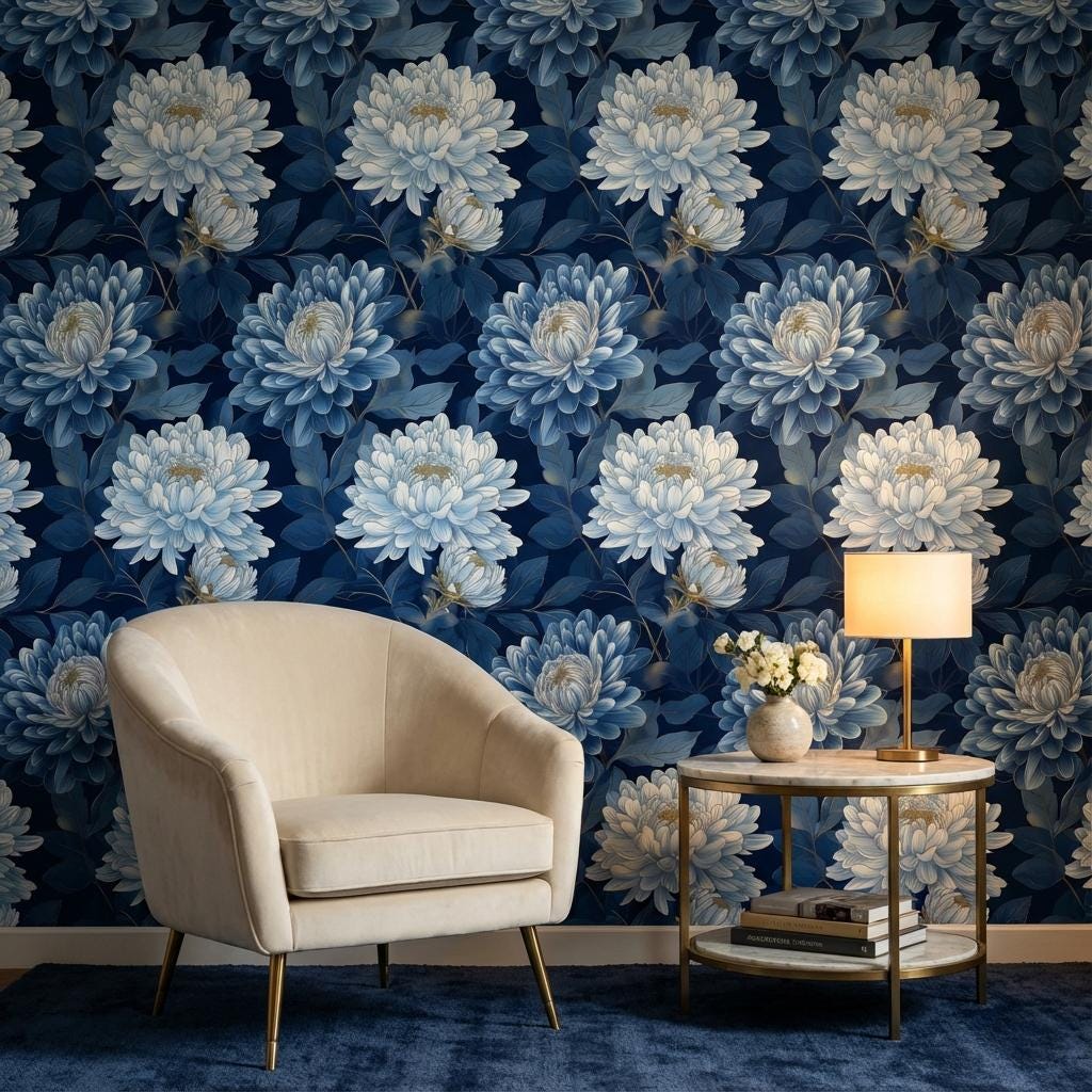 Floral Wallpaper Blue Modern Wall Mural
