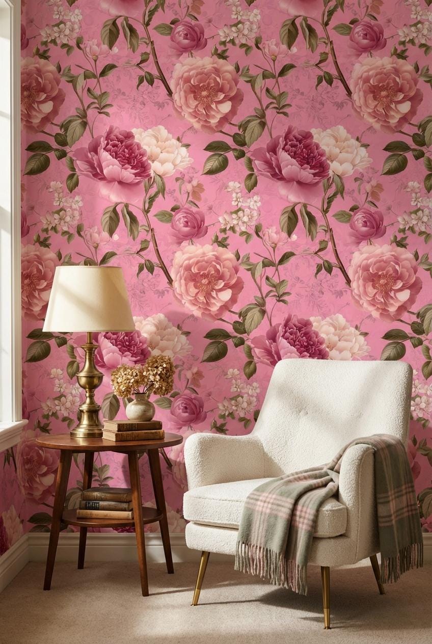 Vintage Floral Wallpaper Pink Traditional Wall Mural
