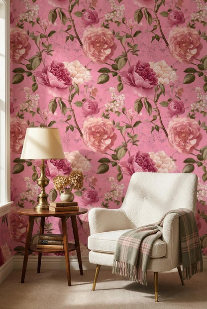 Vintage Floral Wallpaper Pink Traditional Wall Mural