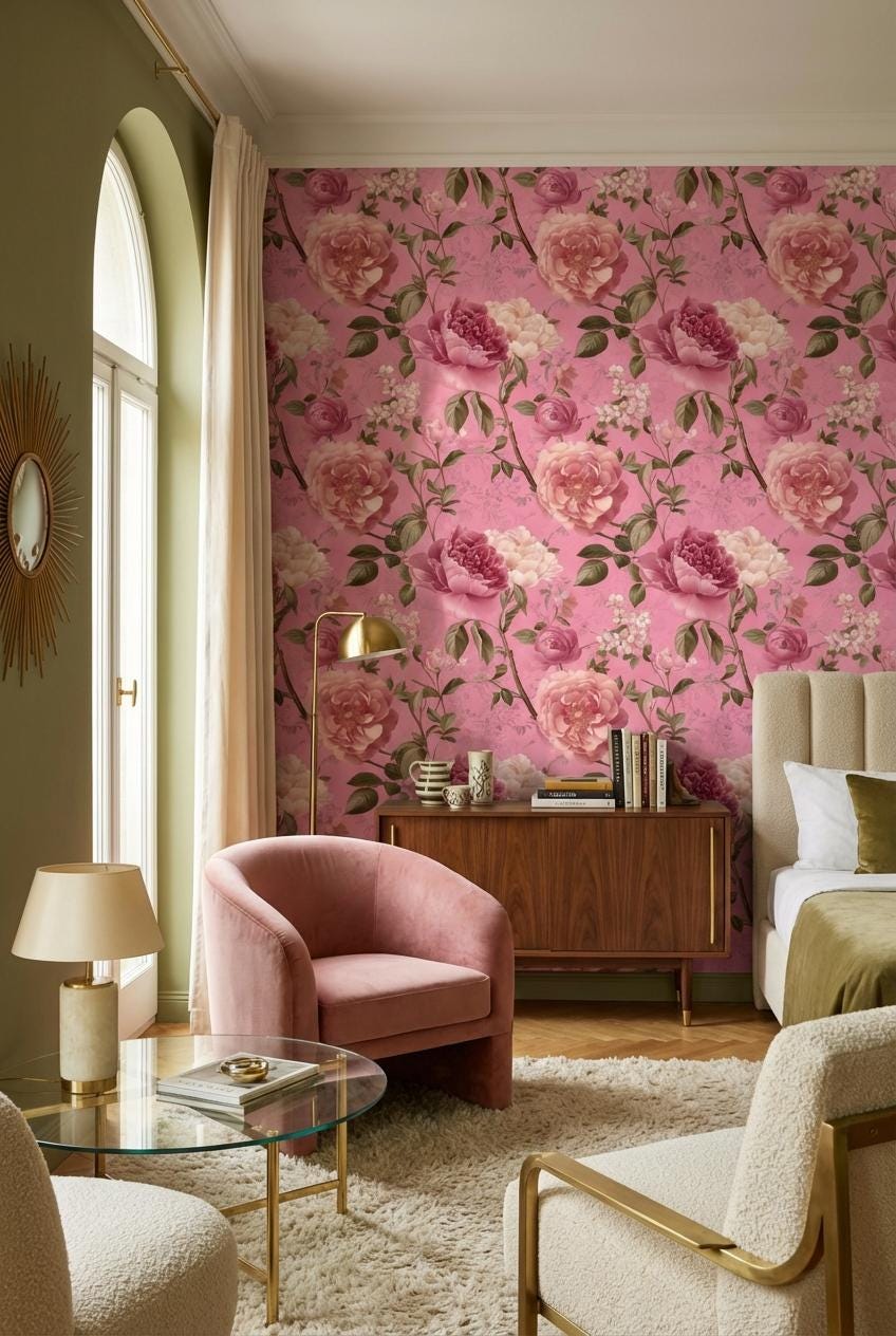 Vintage Floral Wallpaper Pink Traditional Wall Mural