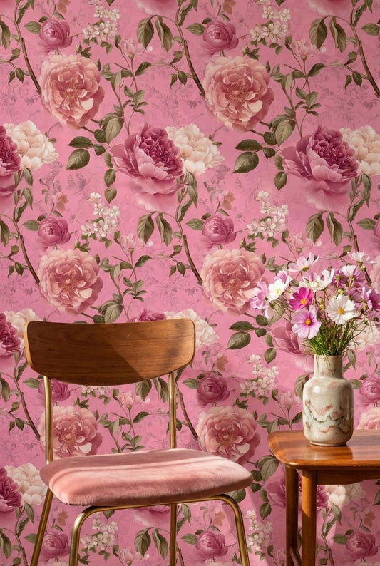Vintage Floral Wallpaper Pink Traditional Wall Mural
