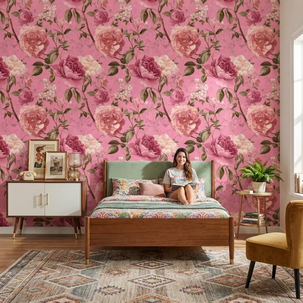 Vintage Floral Wallpaper Pink Traditional Wall Mural