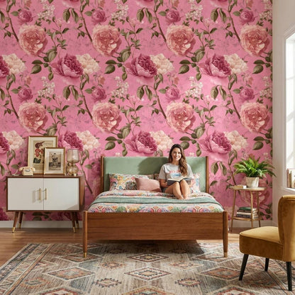 Vintage Floral Wallpaper Pink Traditional Wall Mural