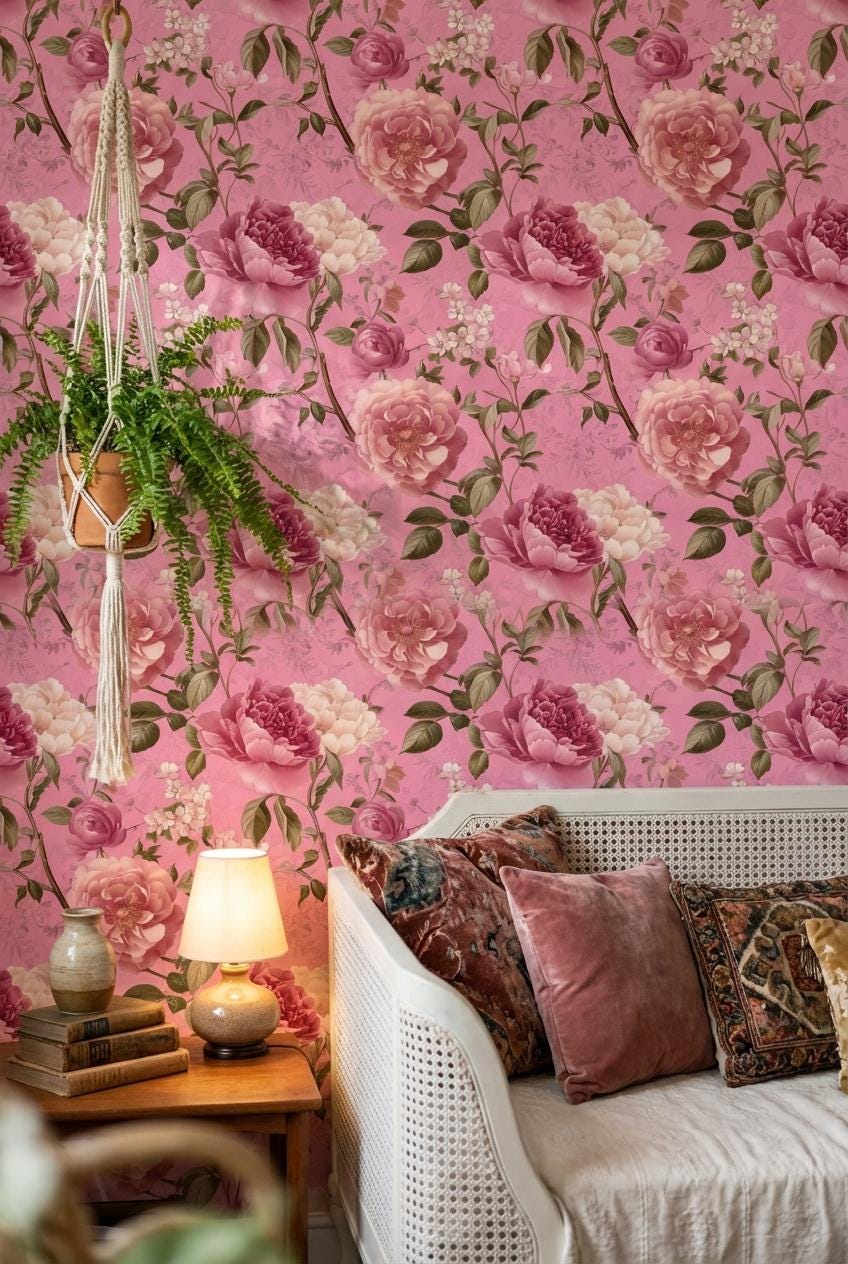 Vintage Floral Wallpaper Pink Traditional Wall Mural