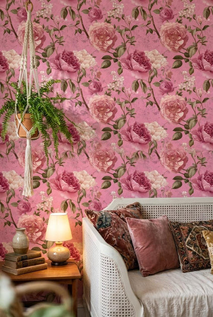 Vintage Floral Wallpaper Pink Traditional Wall Mural