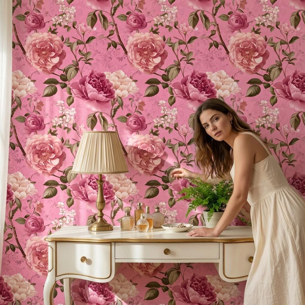 Vintage Floral Wallpaper Pink Traditional Wall Mural