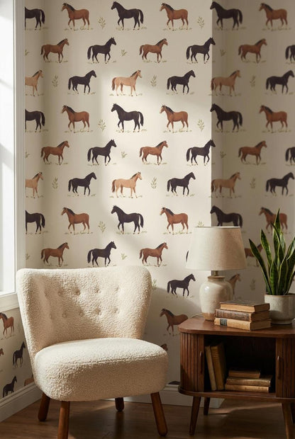Vintage Horses Wallpaper Beige Rustic Wall Mural