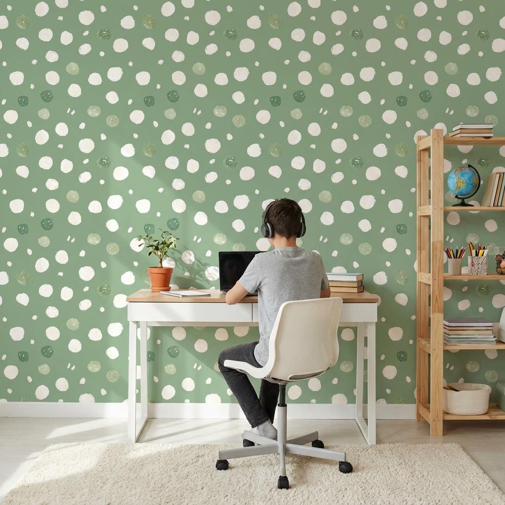 Muted Green Wallpaper Abstract Playful Wall Mural