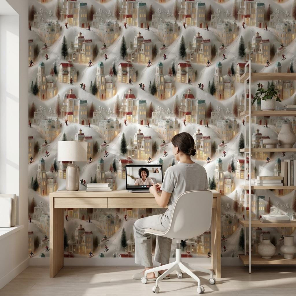 Miniature Village Wallpaper Skiing Snow Wall Mural