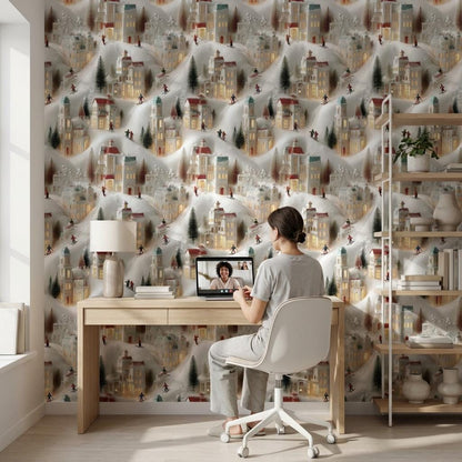 Miniature Village Wallpaper Skiing Snow Wall Mural