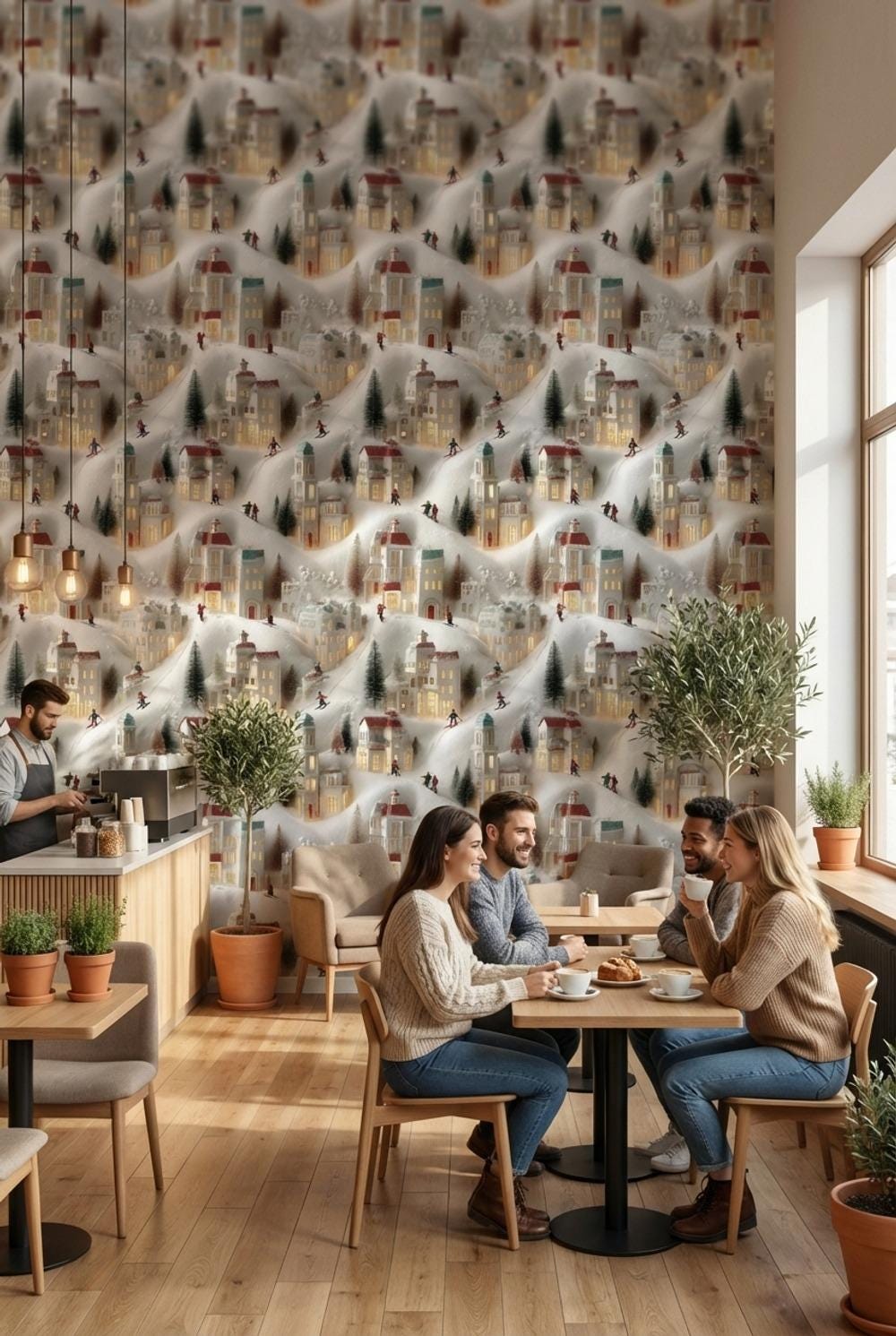 Miniature Village Wallpaper Skiing Snow Wall Mural