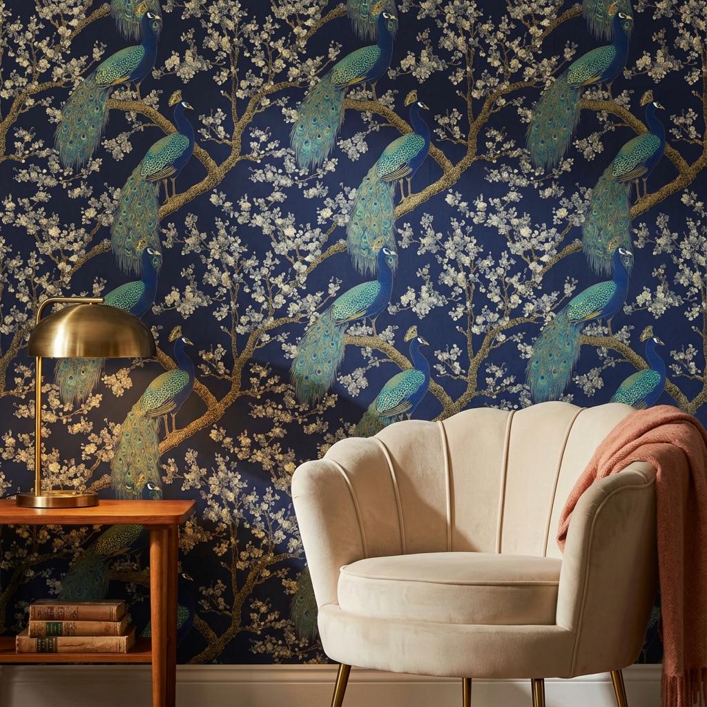 Peacock Wallpaper Blossoms Oriental Wall Mural