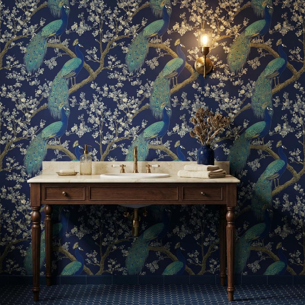 Peacock Wallpaper Blossoms Oriental Wall Mural