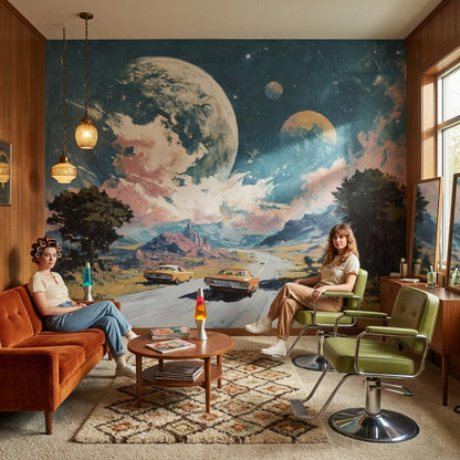 Surreal Landscape Wallpaper Vintage Cars Road Wall Mural