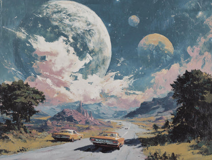Surreal Landscape Wallpaper Vintage Cars Road Wall Mural