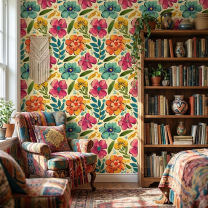 Bohemian Floral Wallpaper Abstract Eclectic Wall Mural