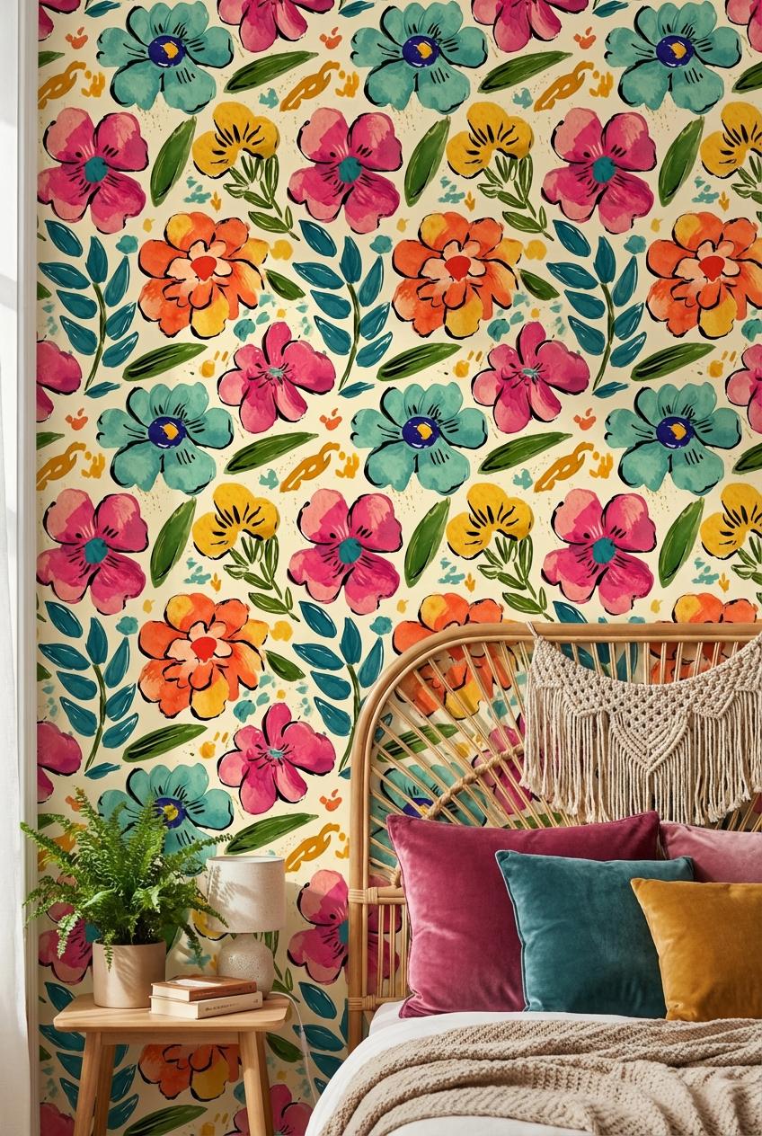 Bohemian Floral Wallpaper Abstract Eclectic Wall Mural