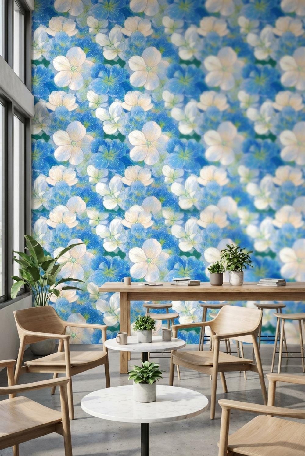 Floral Wallpaper Blue Modern Wall Mural