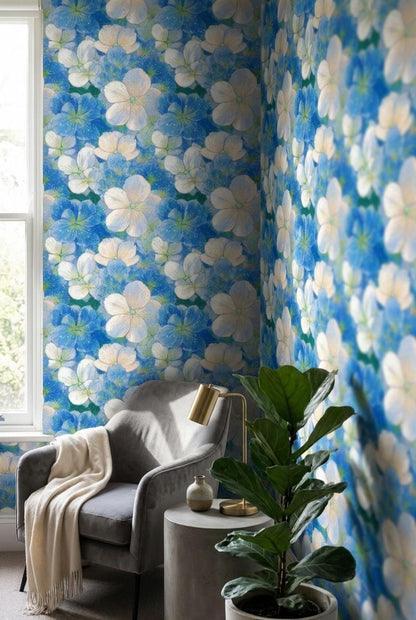 Floral Wallpaper Blue Modern Wall Mural