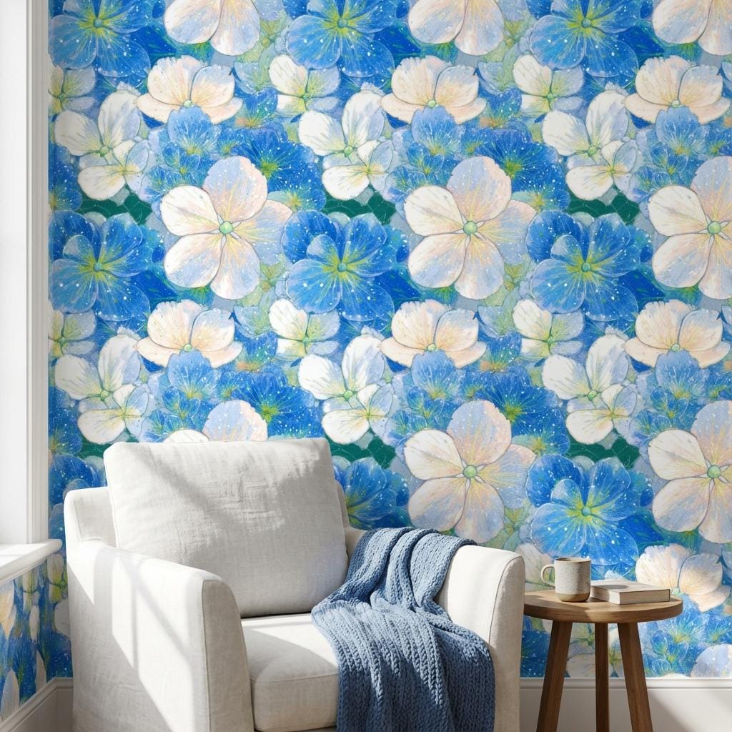 Floral Wallpaper Blue Modern Wall Mural