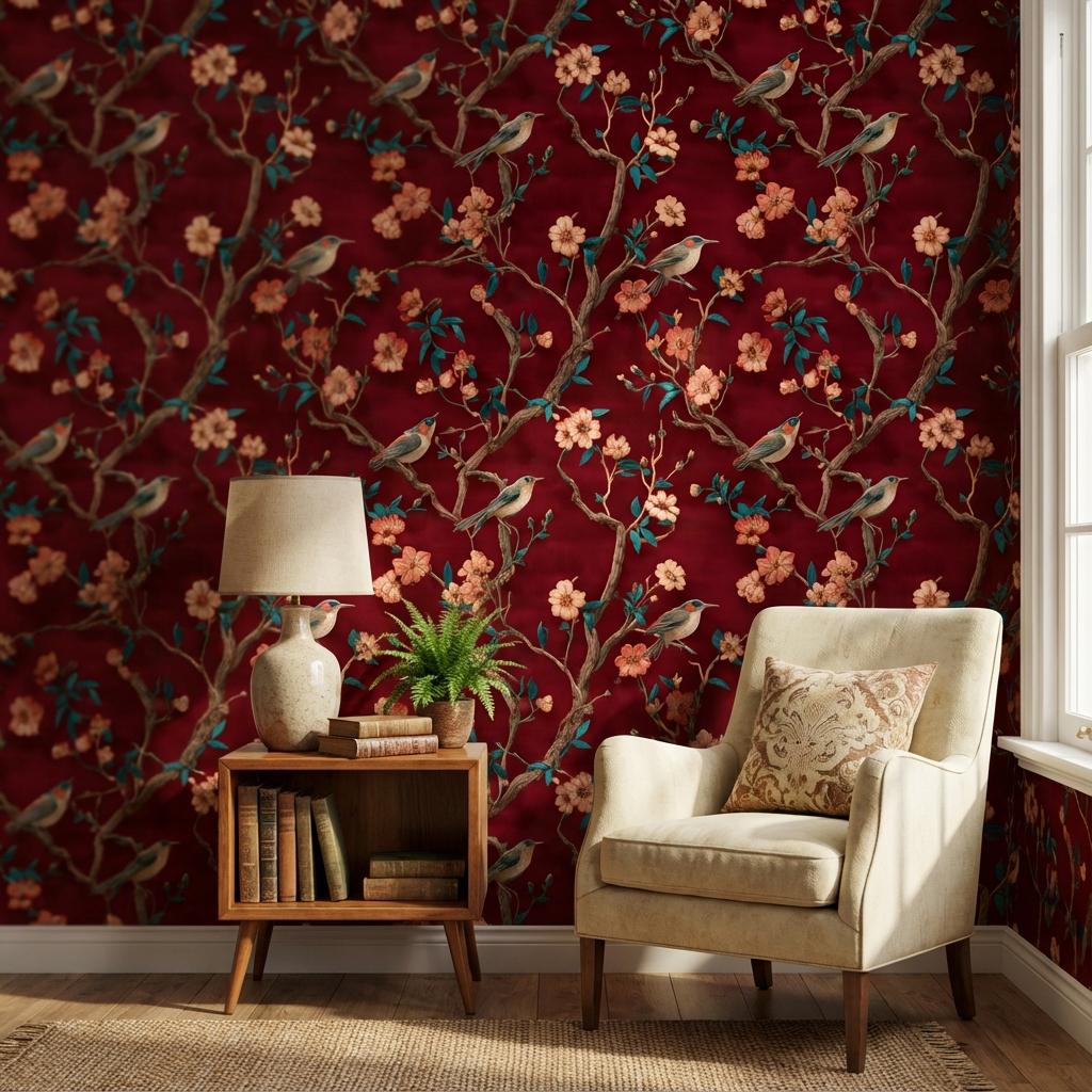 Floral Wallpaper Birds Vintage Wall Mural
