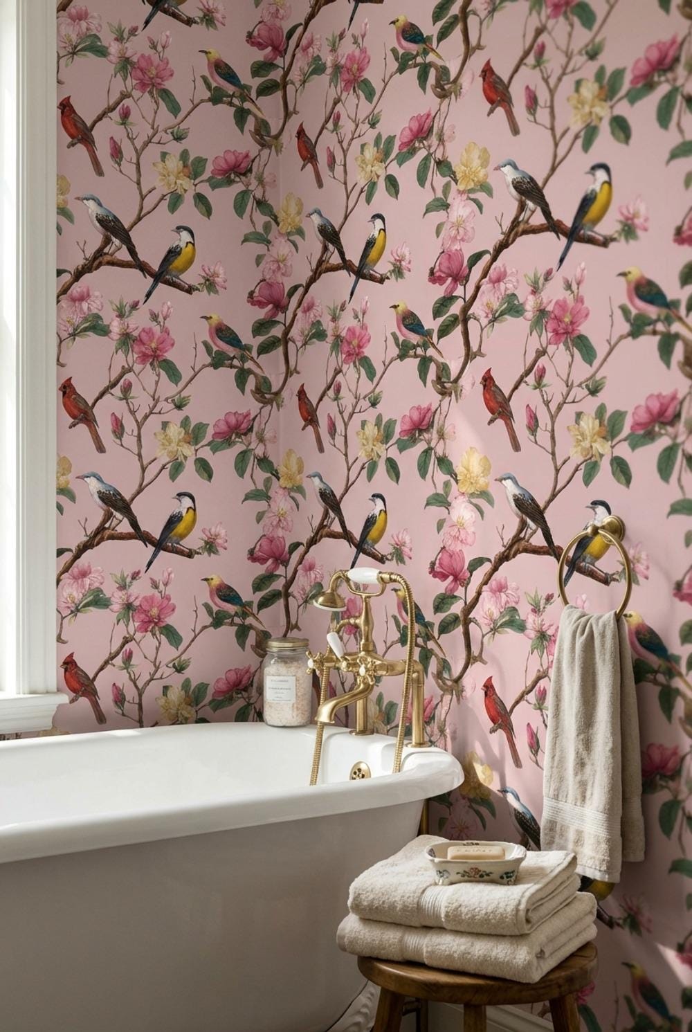 Floral Wallpaper Birds Pink Wall Mural