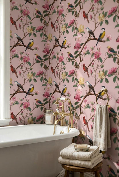 Floral Wallpaper Birds Pink Wall Mural