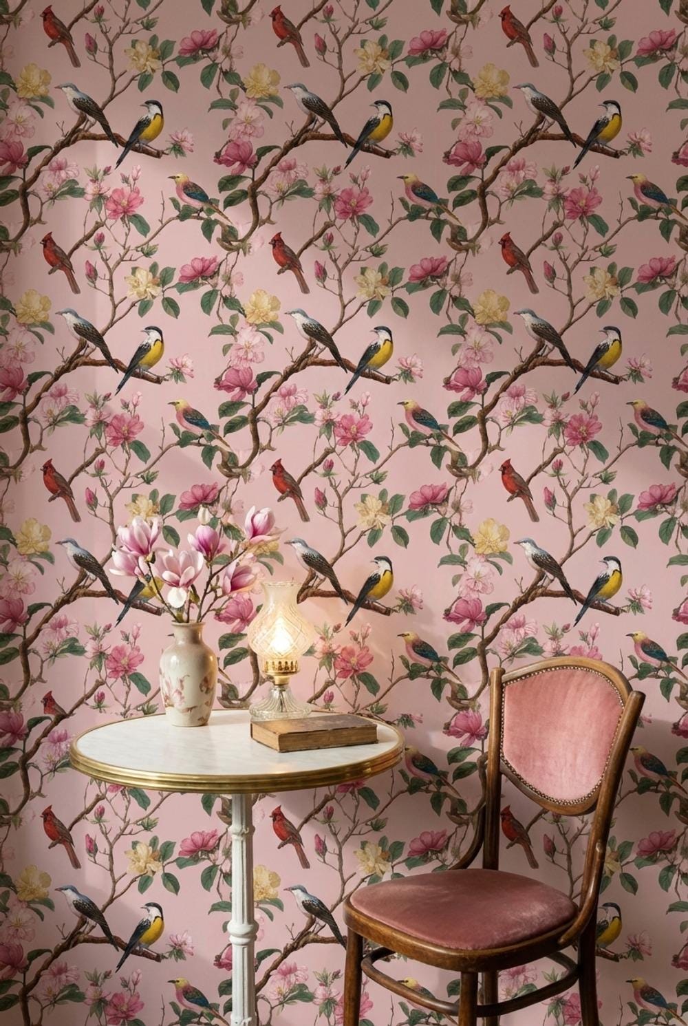Floral Wallpaper Birds Pink Wall Mural