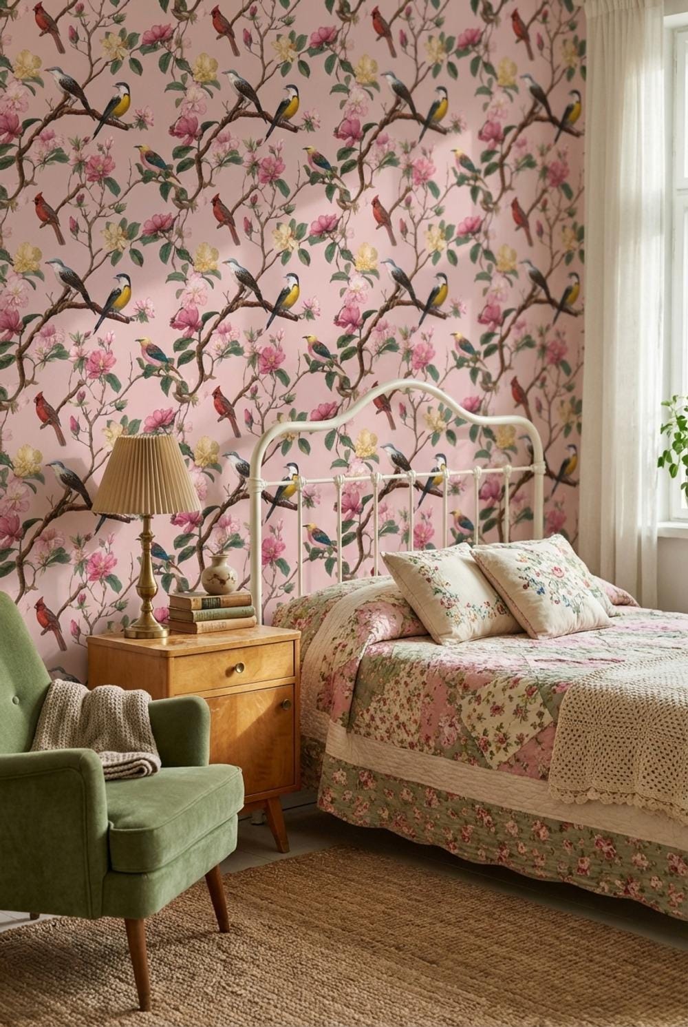 Floral Wallpaper Birds Pink Wall Mural