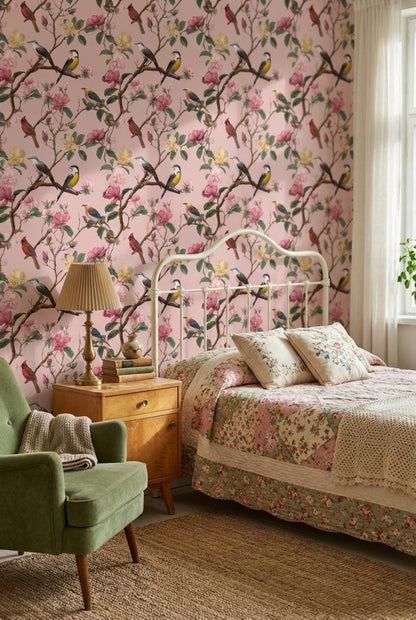 Floral Wallpaper Birds Pink Wall Mural