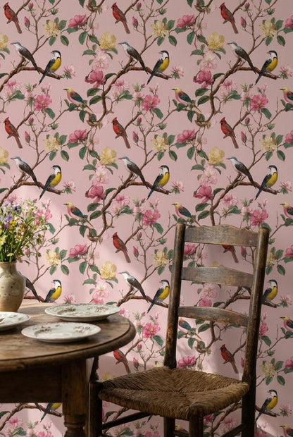 Floral Wallpaper Birds Pink Wall Mural