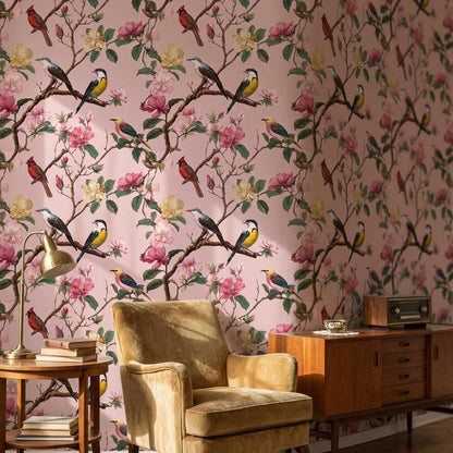 Floral Wallpaper Birds Pink Wall Mural