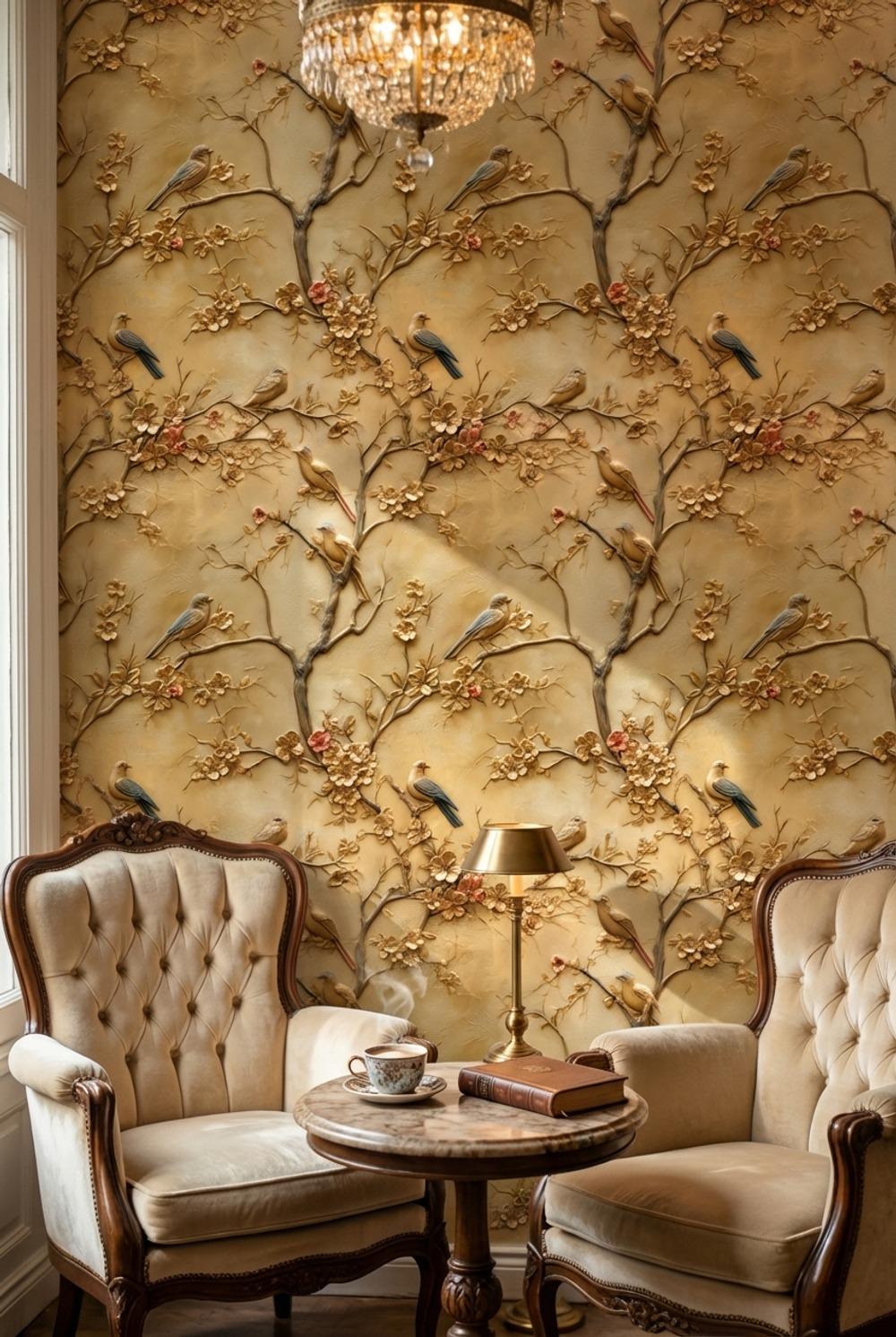 Birds Wallpaper Flowers Gold Wall Mural
