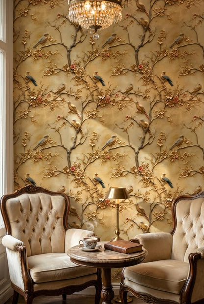 Birds Wallpaper Flowers Gold Wall Mural