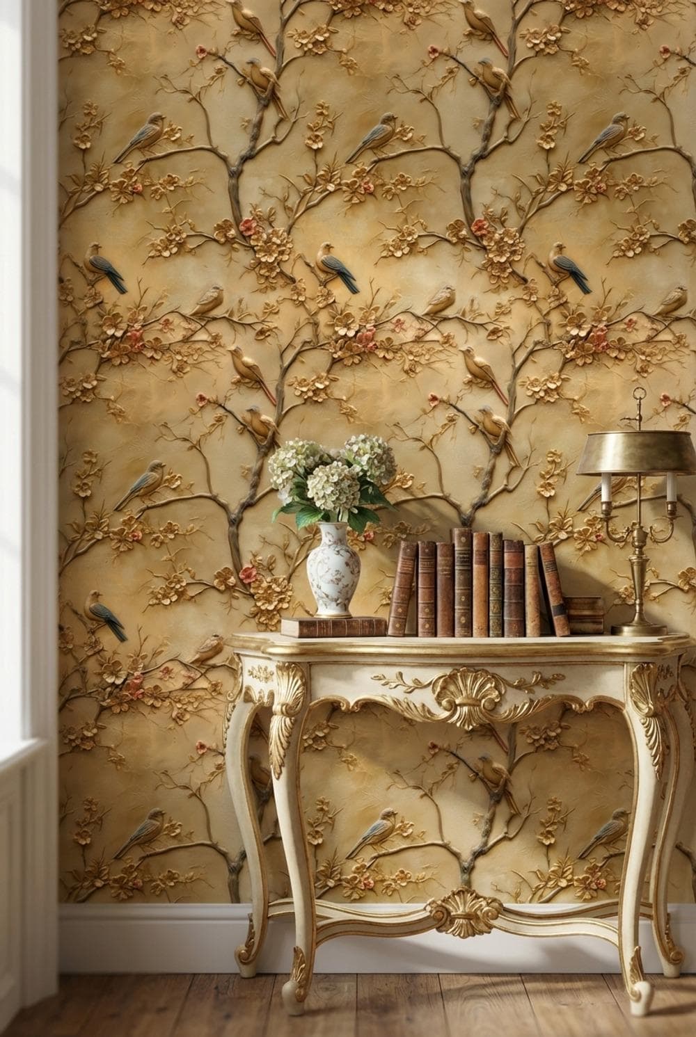 Birds Wallpaper Flowers Gold Wall Mural