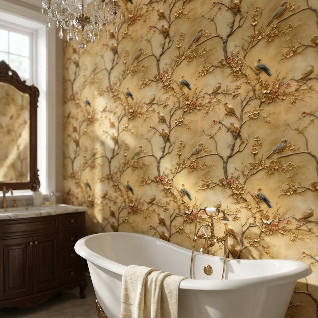 Birds Wallpaper Flowers Gold Wall Mural