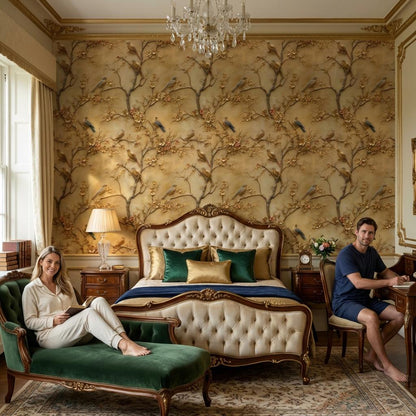 Birds Wallpaper Flowers Gold Wall Mural