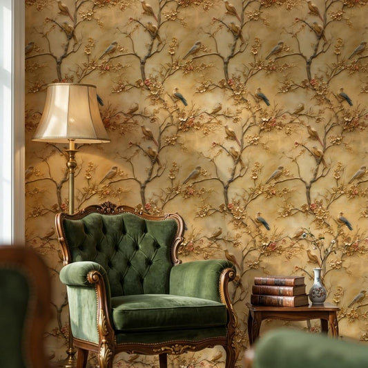 Birds Wallpaper Flowers Gold Wall Mural
