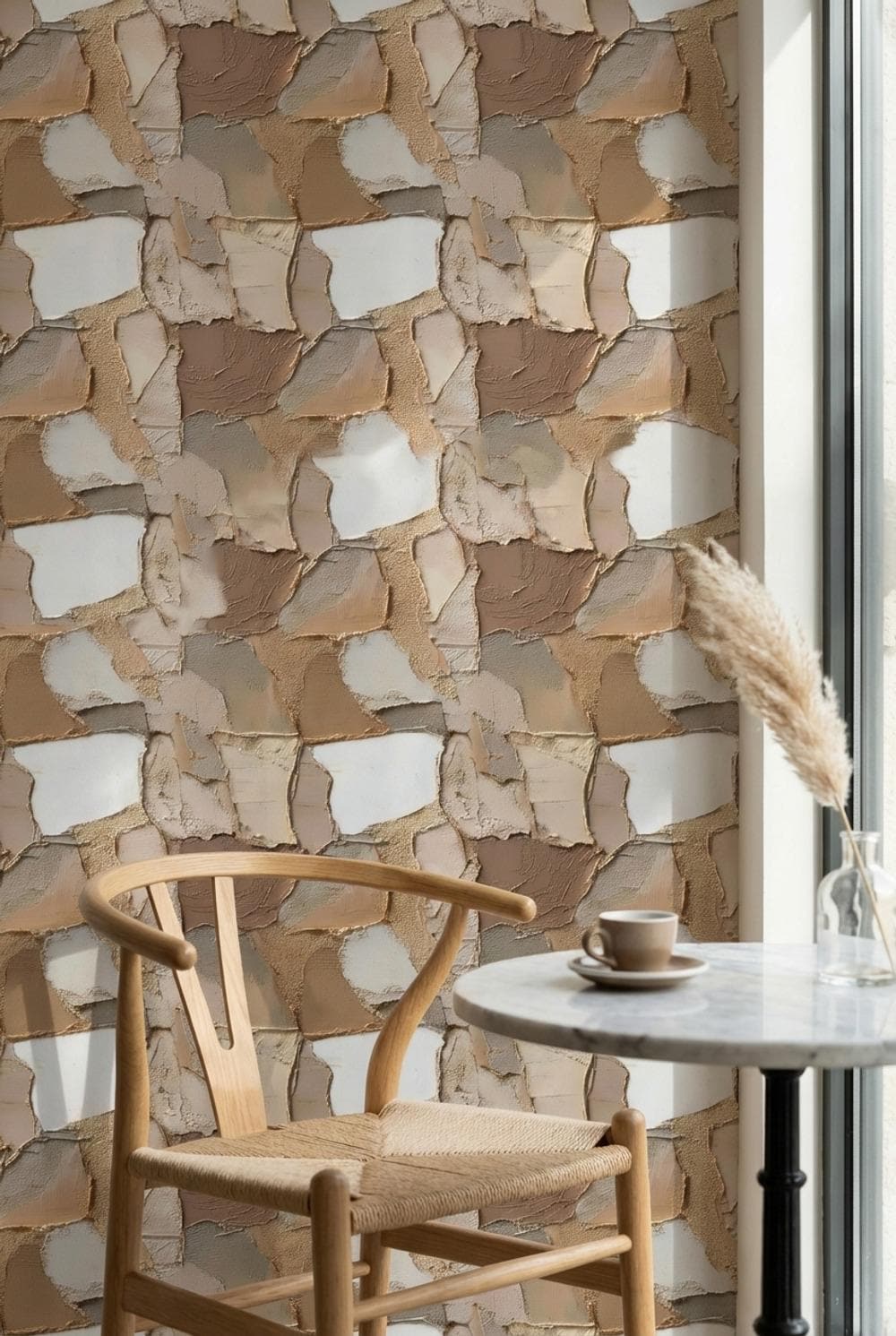 Modern Abstract Layered Wall Mural - Beige, Brown, and Cream Natural Peel and Stick Wallpaper